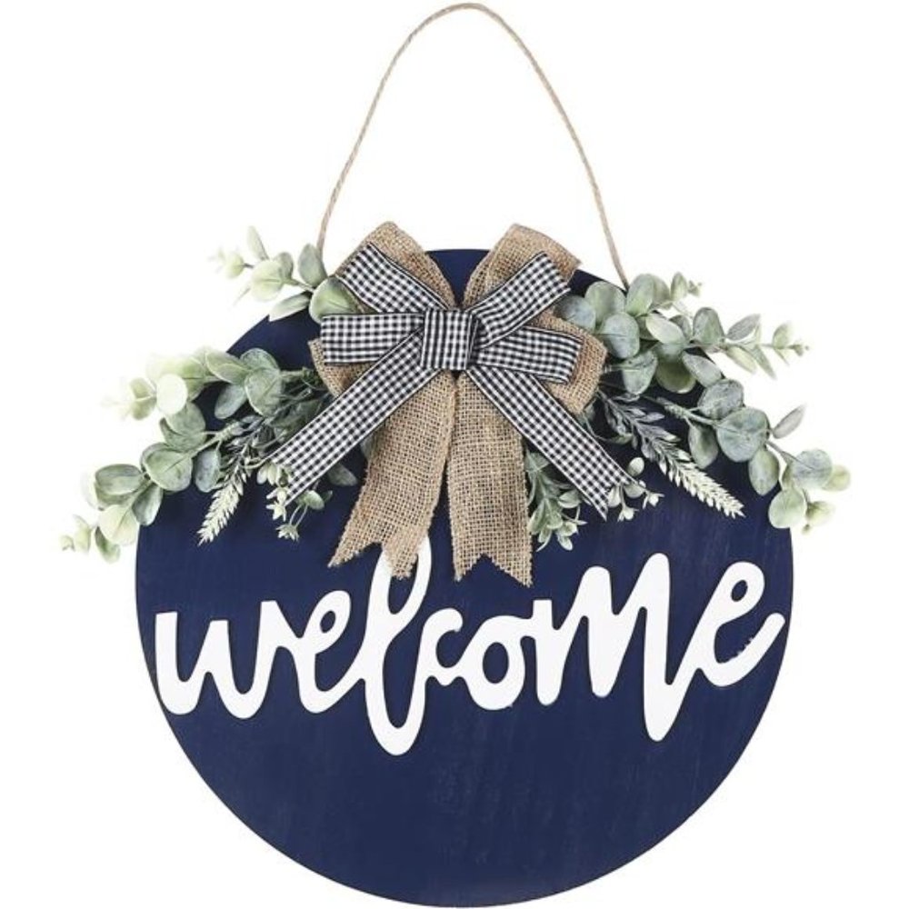 Welcome Sign for Front Door Round Wood Sign Hanging (Blue)